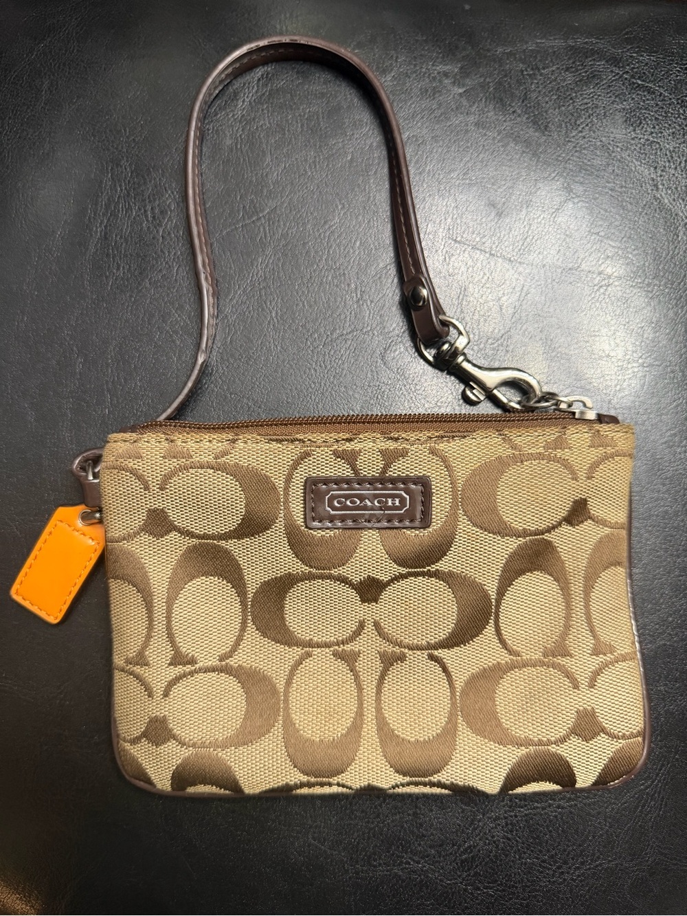 Coach Tan and Brown Signature Canvas Wristlet